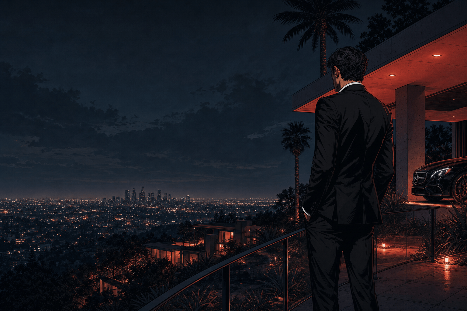 A man in a black suit stands on a modern balcony at night, hands in pockets, looking out over a glittering city skyline. A palm and a black car sit under warm red architectural light beside him.
