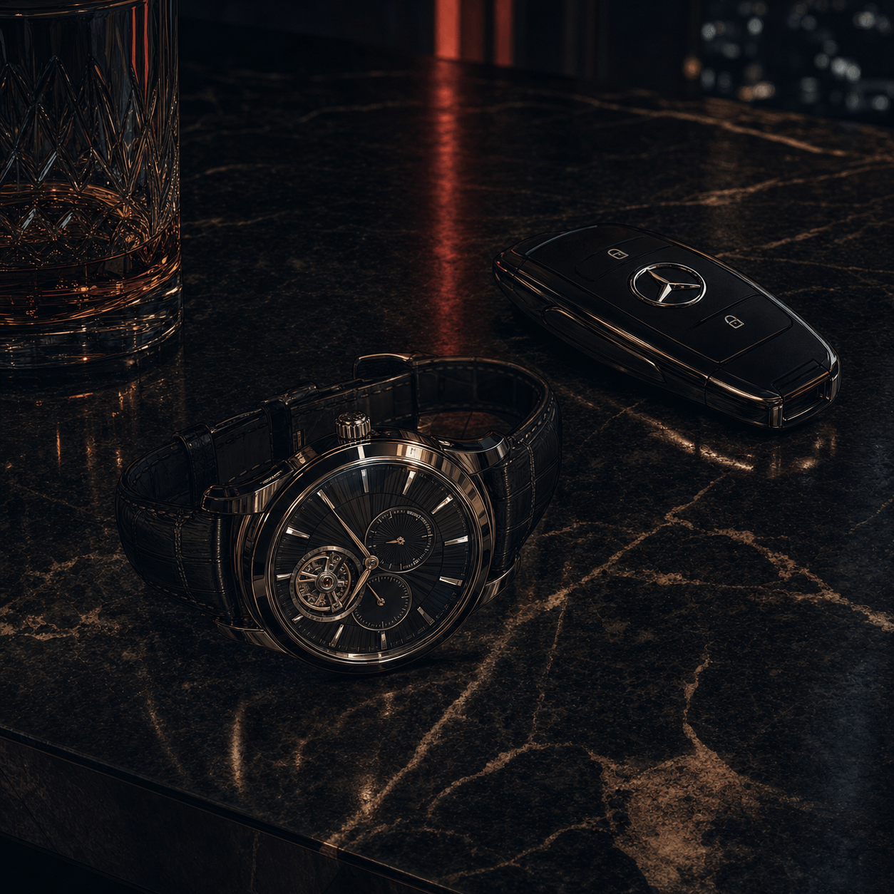 Close-up on a dark marble counter: a luxury automatic watch beside a Mercedes key fob and a cut-crystal glass.