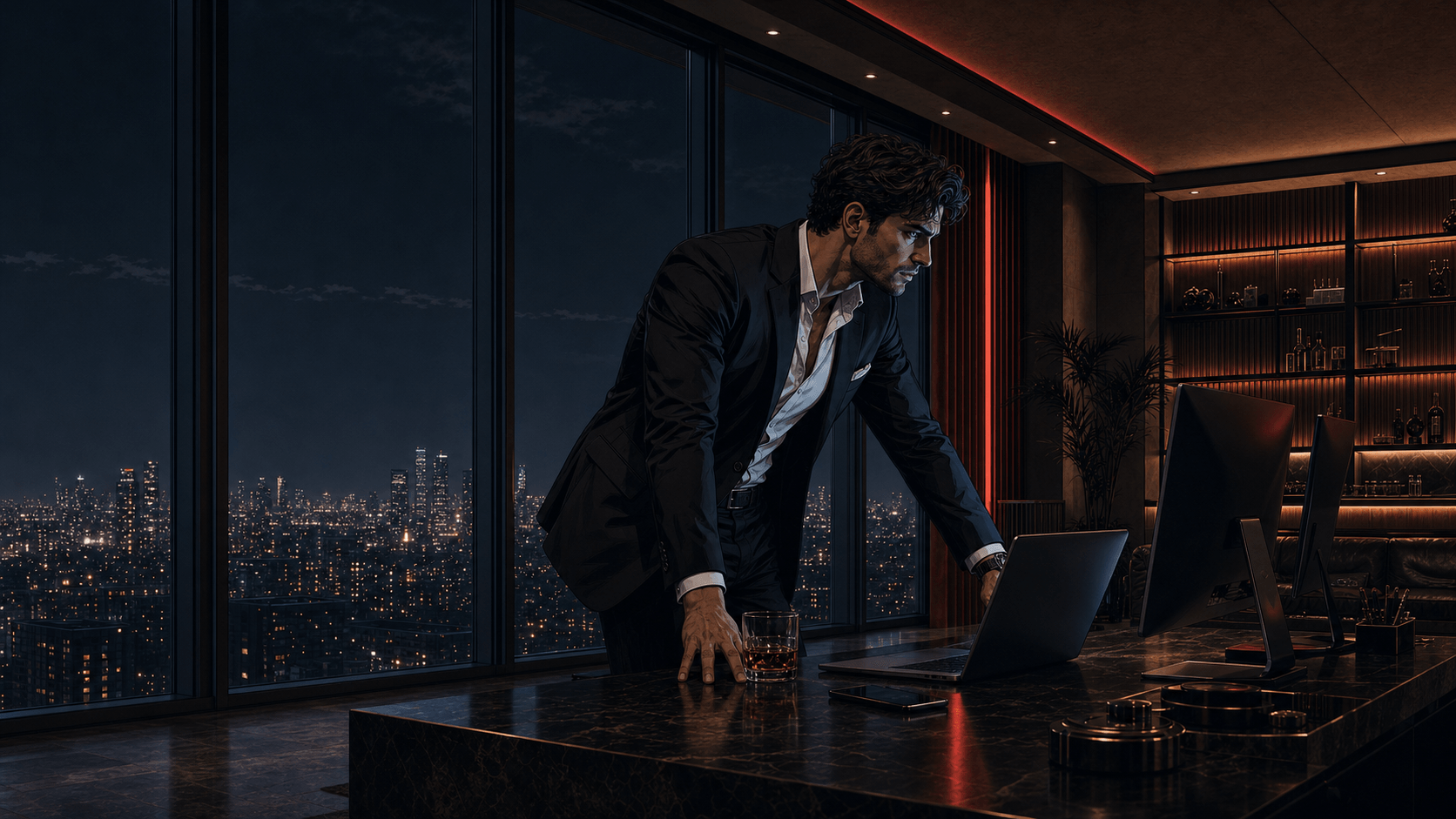 A man in a black suit leans over a dark marble desk in a night-time penthouse, one hand on the desk, watching an open laptop, the city skyline glowing through floor-to-ceiling windows.