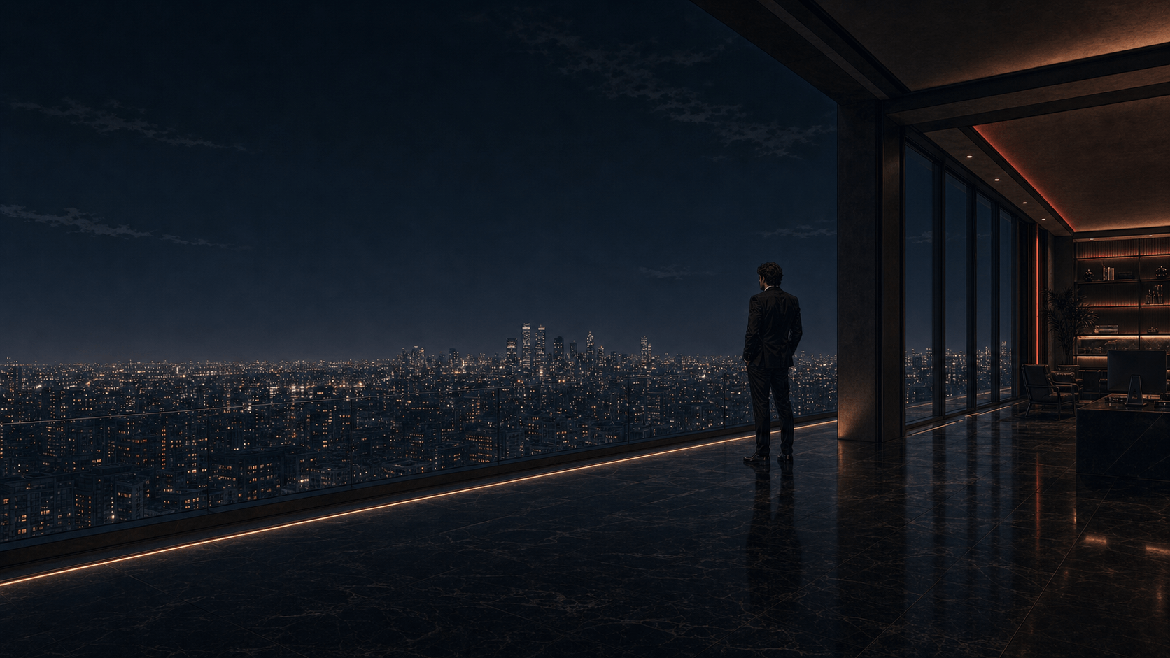 A man in a suit stands alone at the floor-to-ceiling window of a dark penthouse, looking out over a vast glittering city skyline at night.