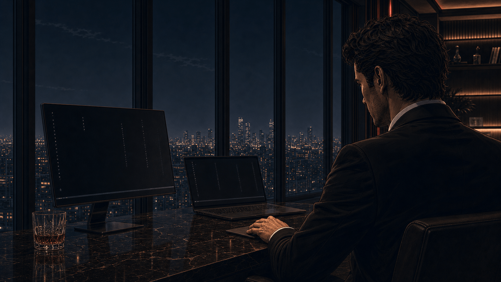 From behind, a man in a suit sits at a desk of trading monitors in a dark penthouse at night, typing on a laptop, the city skyline glowing through the window to his left.