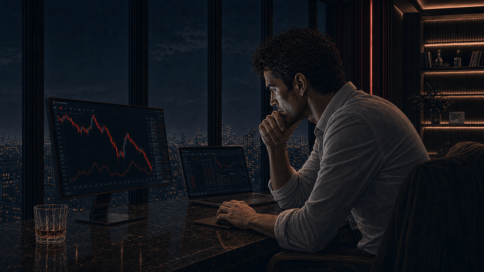 In a dark penthouse at night, a man in a white shirt sits at his desk, hands clasped tight against his mouth, staring at a monitor where a red line falls. A laptop, a whisky glass, and the glowing city are beside him, unnoticed.